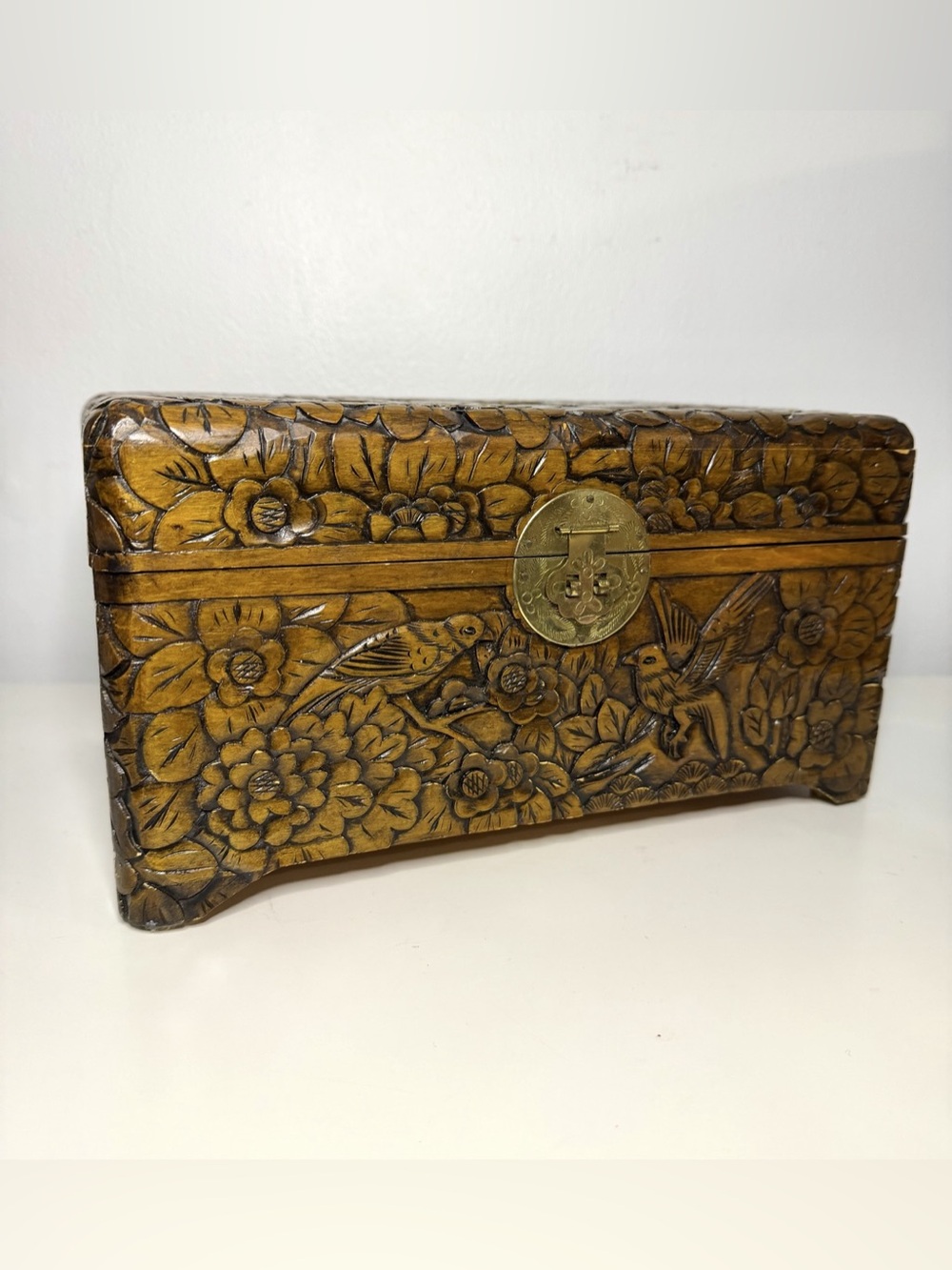 Large Mid Century Hand-Carved Wooden Jewelry Box